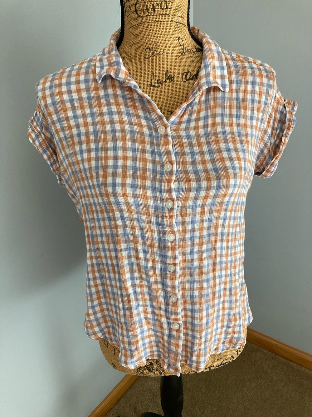 Alexander Jordan Rayon Lightweight Blue & Tan Plaid Button-Down Shirt Women S